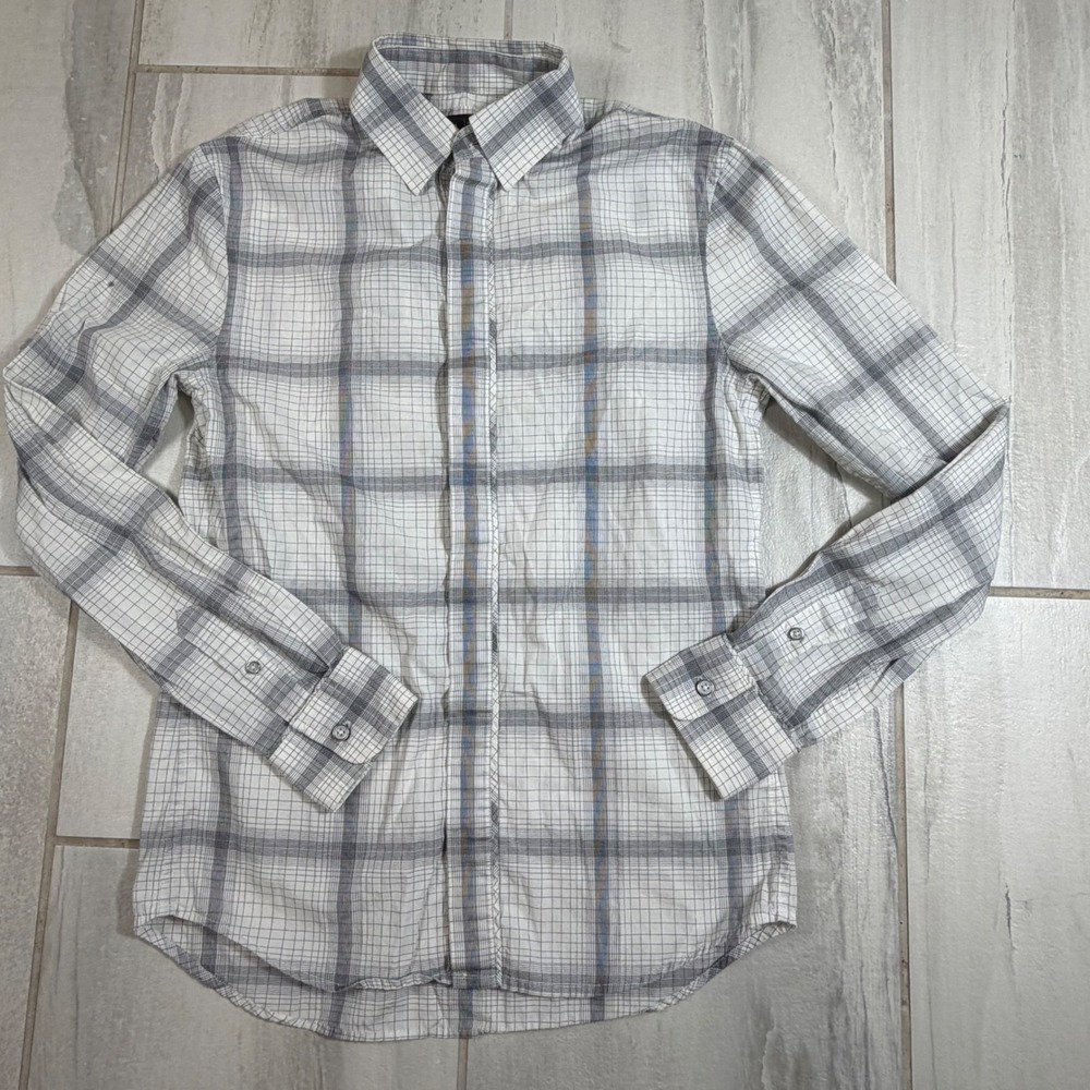 Armani Exchange Mens Slim Fit Plaid‎ Button Down Shirt White Grey S Small Cotton